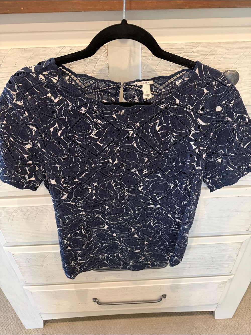 J. Crew Navy Floral Lace Overlay Short Sleeve Blouse